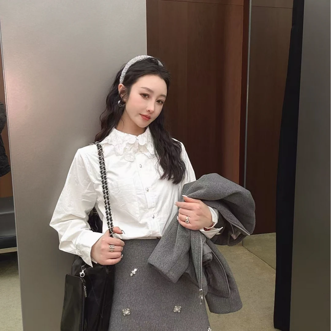 5837东大门拼接刺绣翻领百搭长袖加绒衬衫