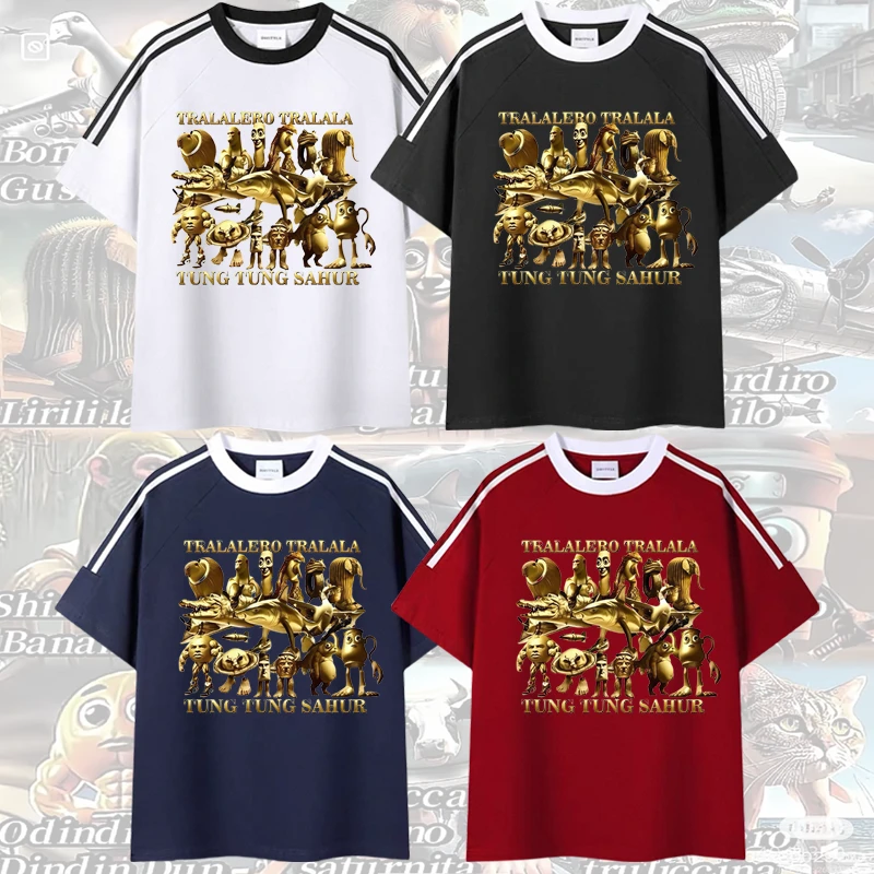 黄金版国外山海经美国ai卡通合集三杠插肩儿童高级感短袖T恤打底