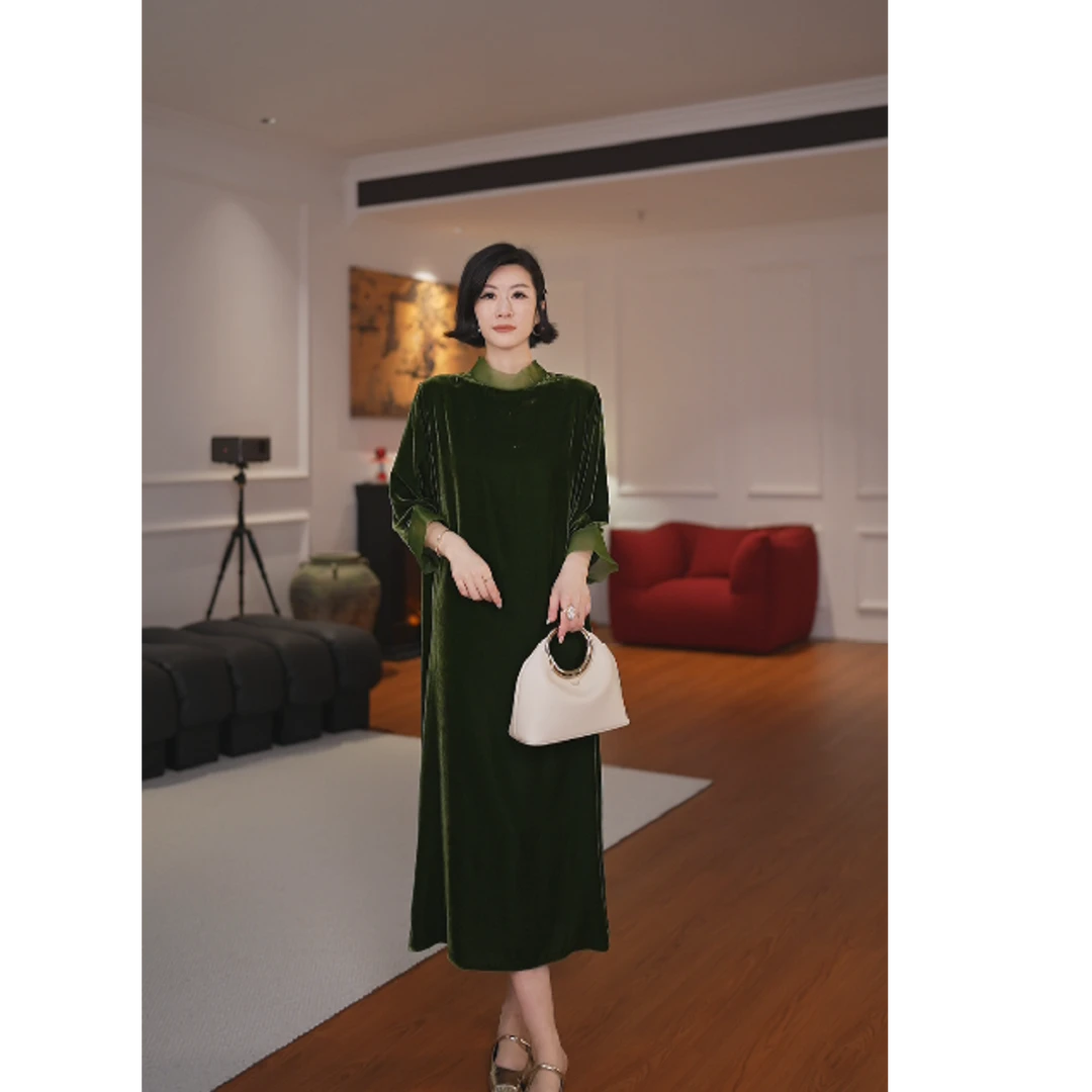 GU JIFEN｜佩里的夜｜富贵拼接袖口宽松圆领长连衣裙女 24123X56003