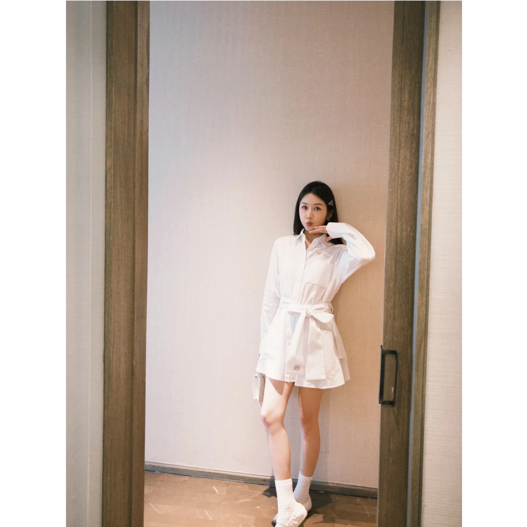 线之诗 中长款提花条纹色织工艺腰带衬衫长袖连衣裙-2.0