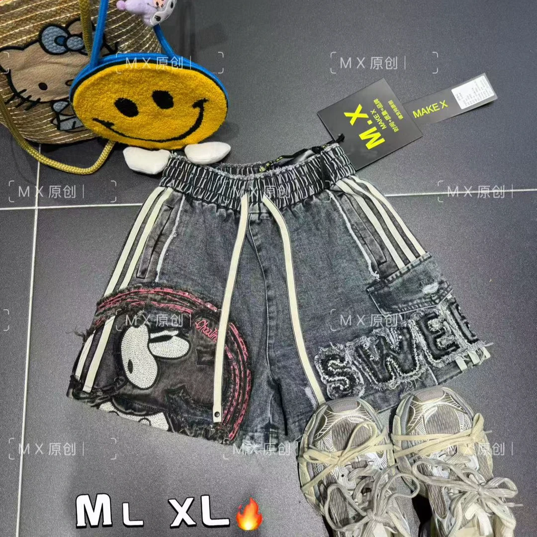 MX新款重工亮片米奇设计牛仔短裤女宽松显瘦百搭阔腿裤潮37983