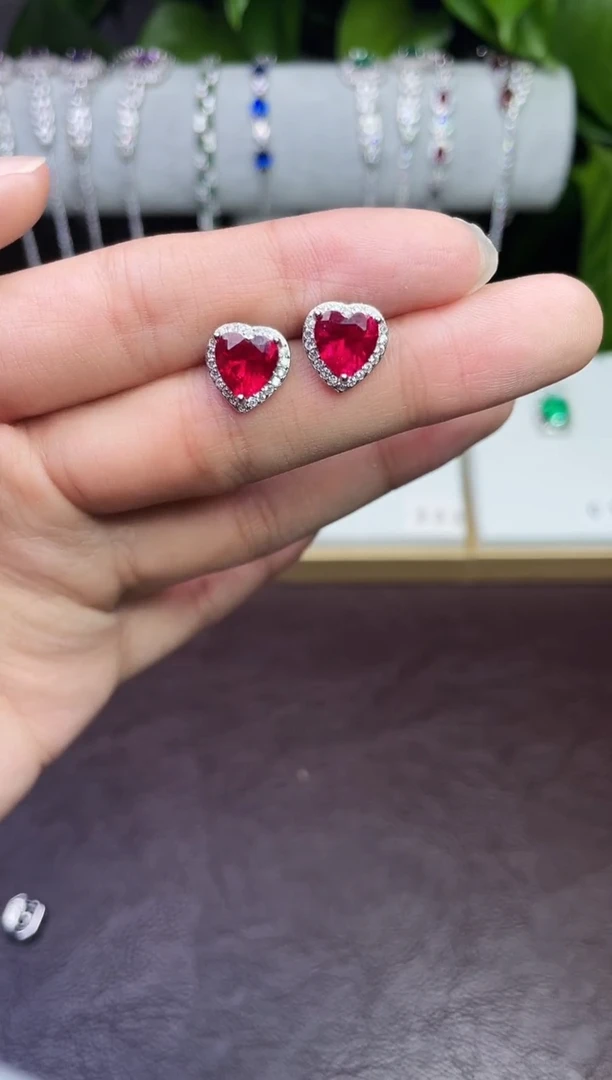 合金合成钻石耳饰红宝耳钉