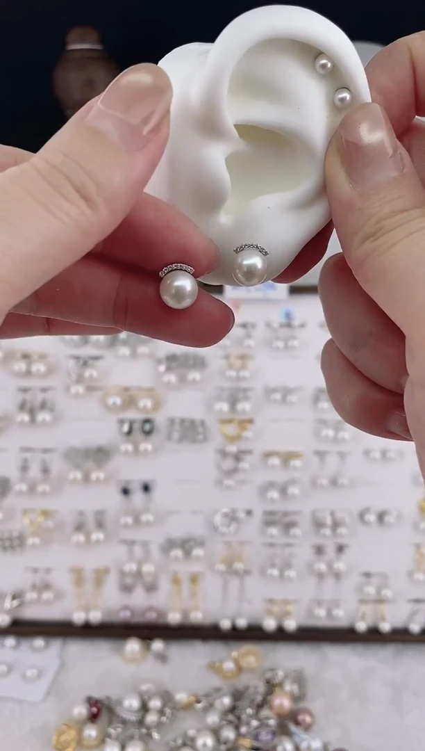 银S925镶嵌耳饰淡水珍珠19正圆极光睫毛款