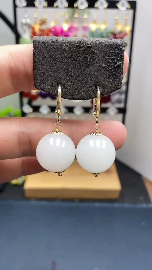 和田玉银S925镀金镶嵌耳饰尺寸16mm耳扣77