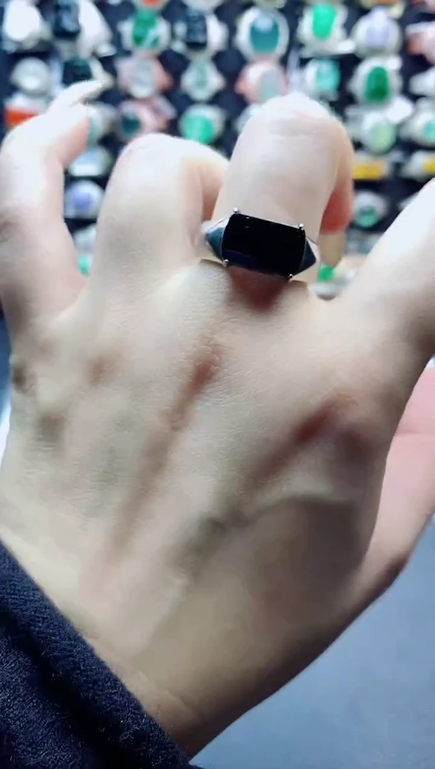 银S925镶嵌戒指翡翠天然翡翠A货男戒