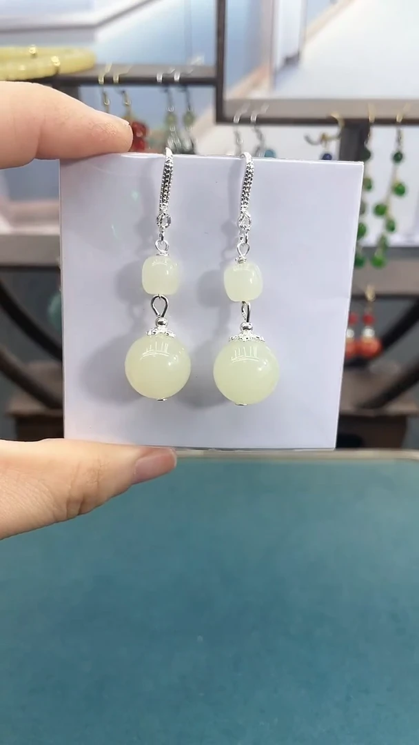 银S925镶嵌和田玉耳饰14mm白玉双珠