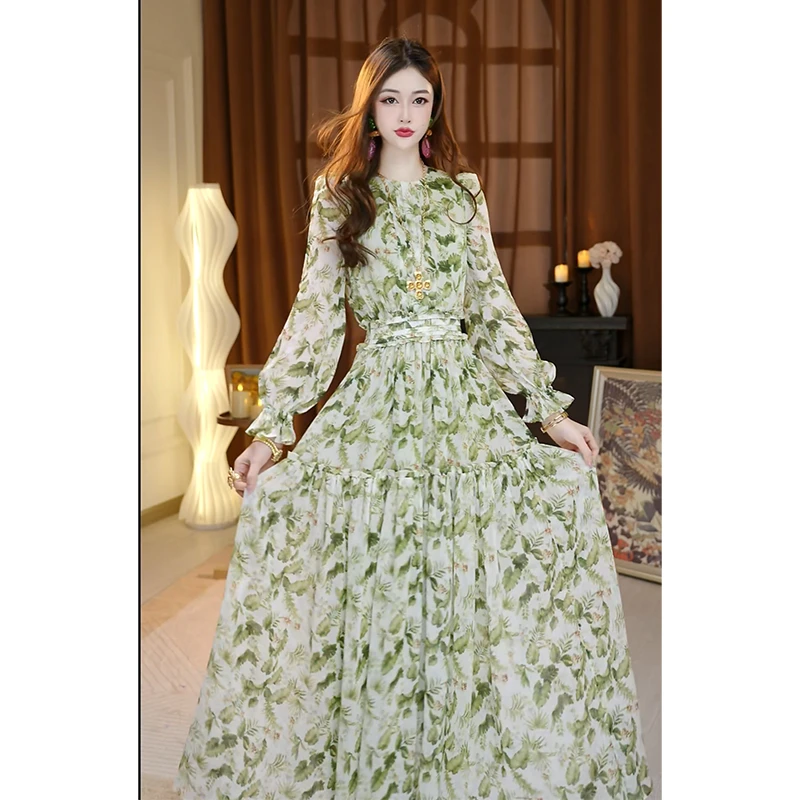 尤克菲儿 原创 高定轻奢 温柔气质收腰 雪纺印花大摆裙