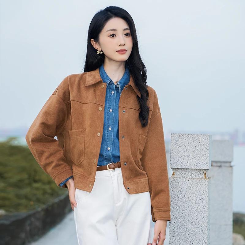 【梦诗专属】茵曼春季复古休闲纯色百搭翻领口袋单排扣长袖短外套