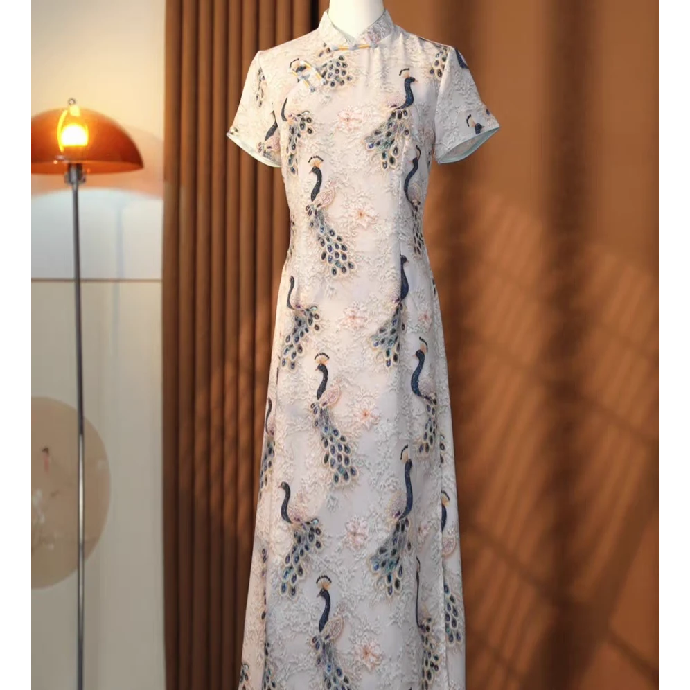 诺妮-夏款轻纱孔雀奥黛改良旗袍