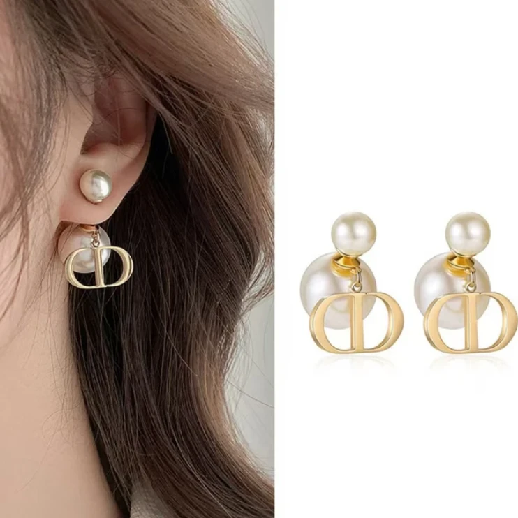 钛钢仿珍珠耳饰 法式叠戴字母D耳钉女款气质简约不掉色耳坠饰品女