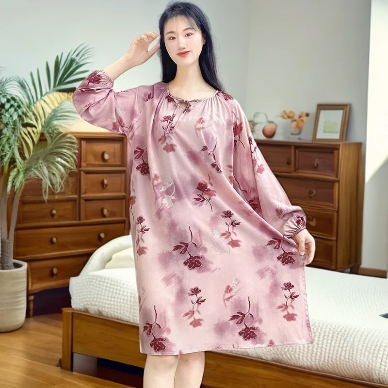 女士中长款棉绸睡裙春夏季不带胸垫长袖大码胖mm可外穿家居服Y159