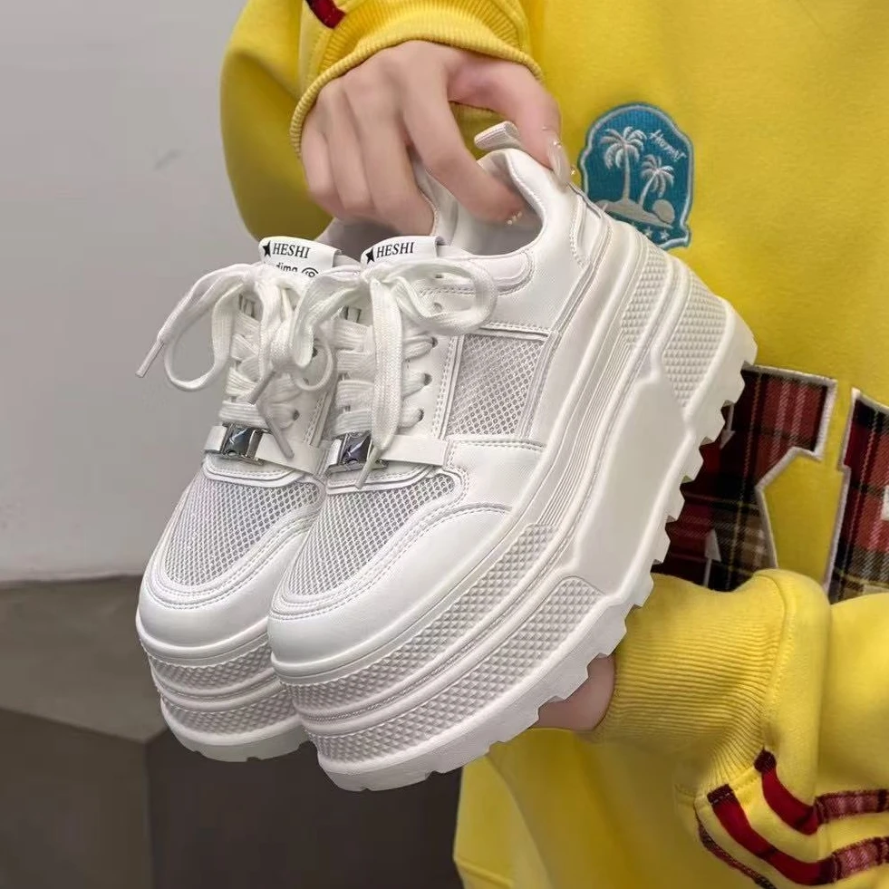 网纱透气松糕小白鞋女新款圆头厚底增高轻便休闲板鞋7厘米（9509）