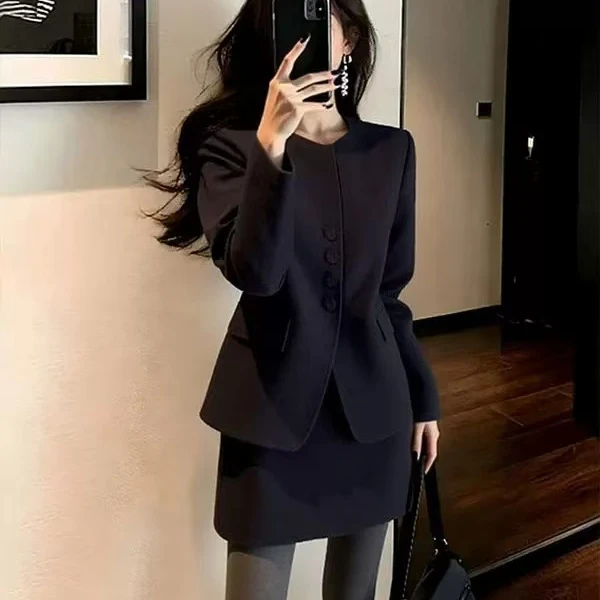 Y245小香风通勤黑色套装女秋冬小个子穿搭上衣半身裙两件套洋气