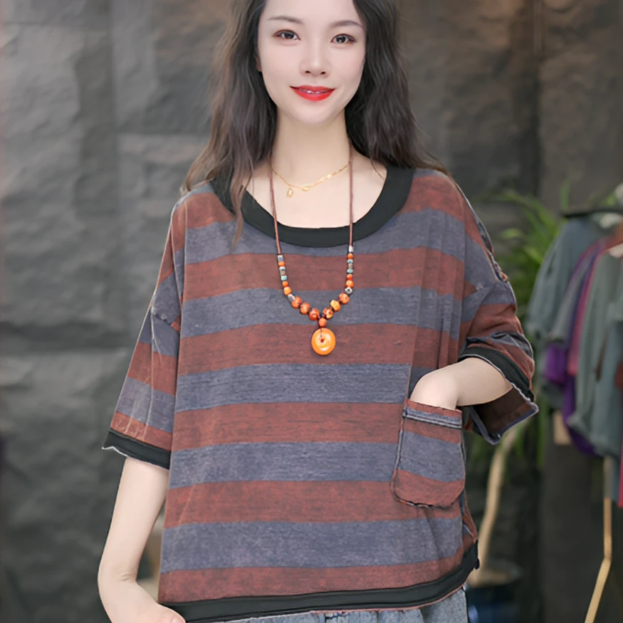 JJ短袖轻职风复古港风女款条纹T恤宽松中袖时尚t恤纯棉休闲