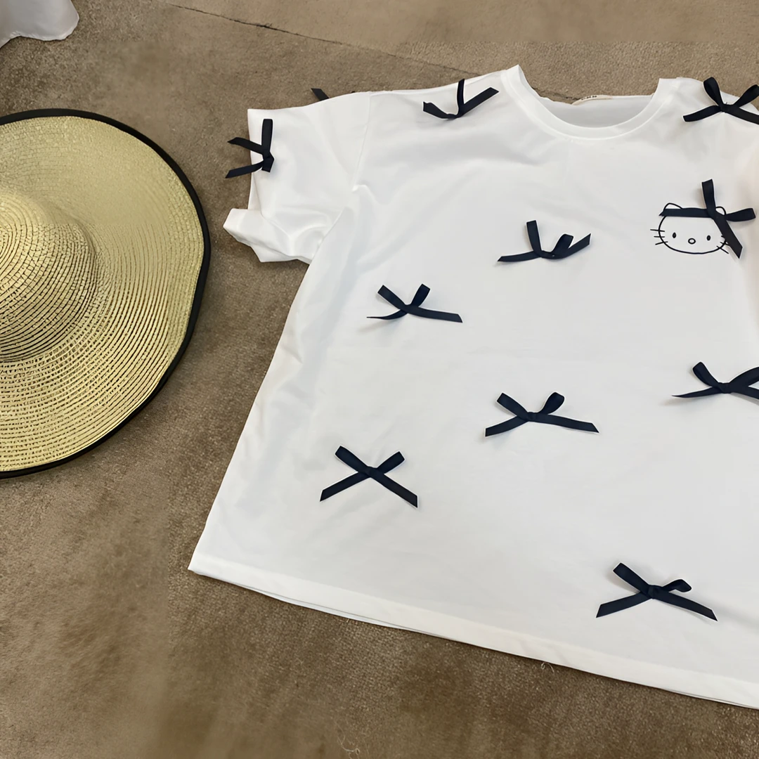 【蝴蝶节节】2025夏季新款立体蝴蝶结短袖T恤韩版设计感圆领百搭