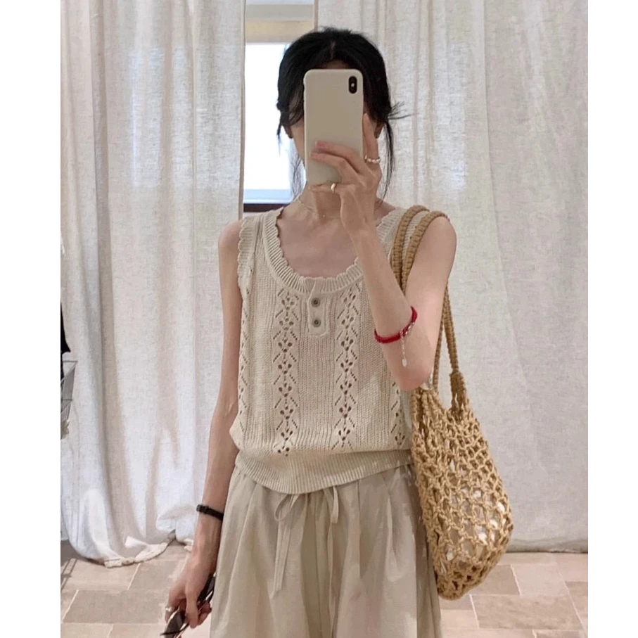 复古麻色花边镂空无袖吊带背心女夏季外穿宽松显瘦别致上衣#8973