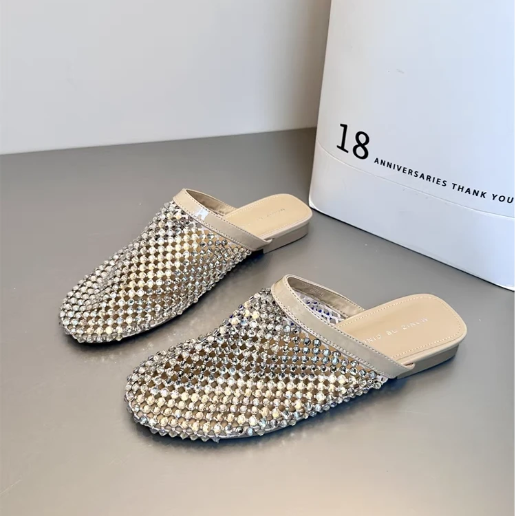 水钻网纱包头镂空透气半拖鞋女夏季外穿2025新款平底一脚蹬凉拖鞋