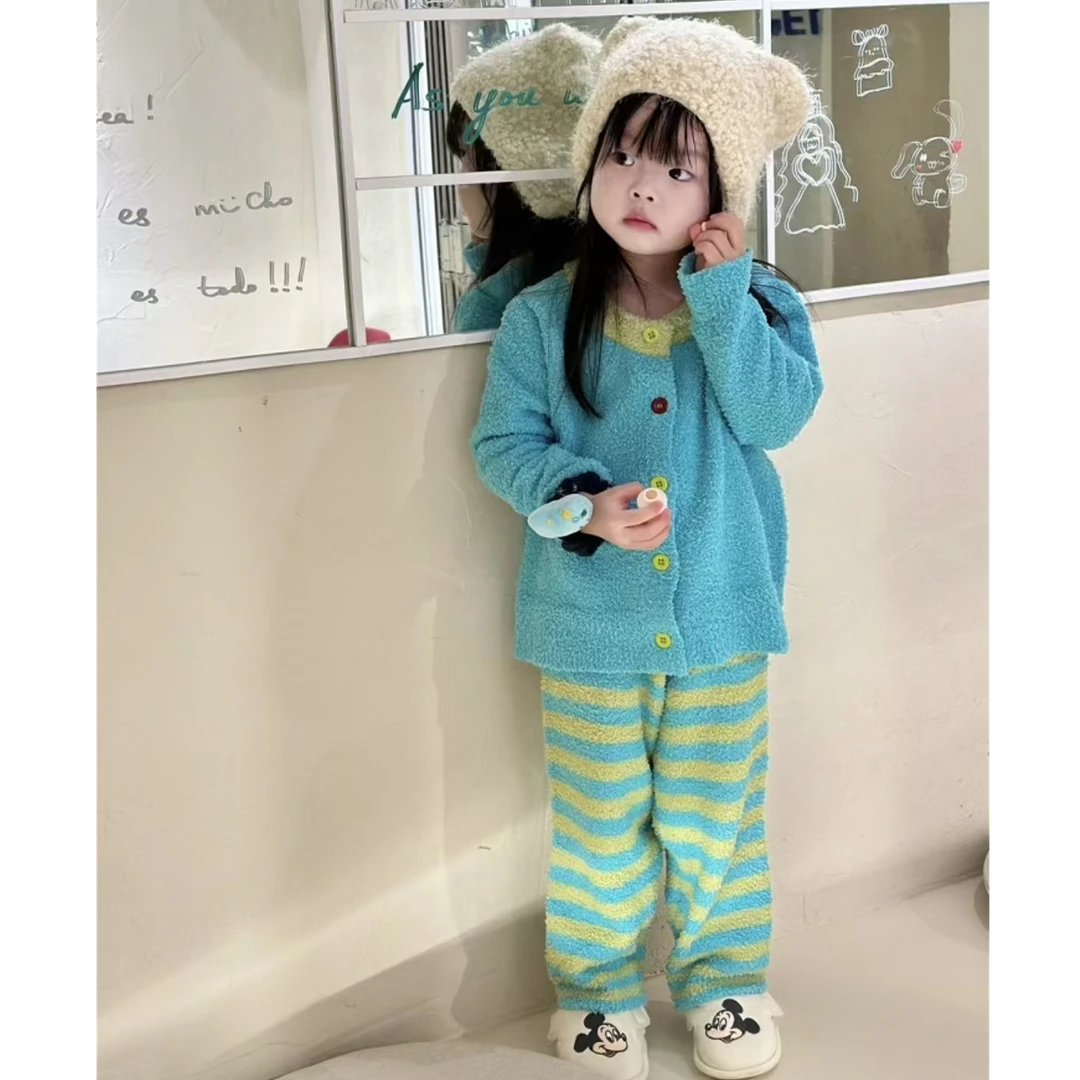 清仓福利韩版童装女童套装宝宝洋气半边绒蓝色居家服睡衣秋冬童装