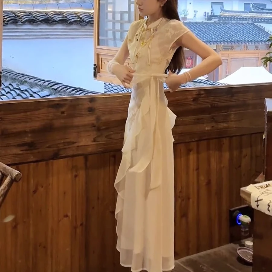 新中式国风禅意改良旗袍连衣裙夏季高级感气质罩衫时尚套装两件套