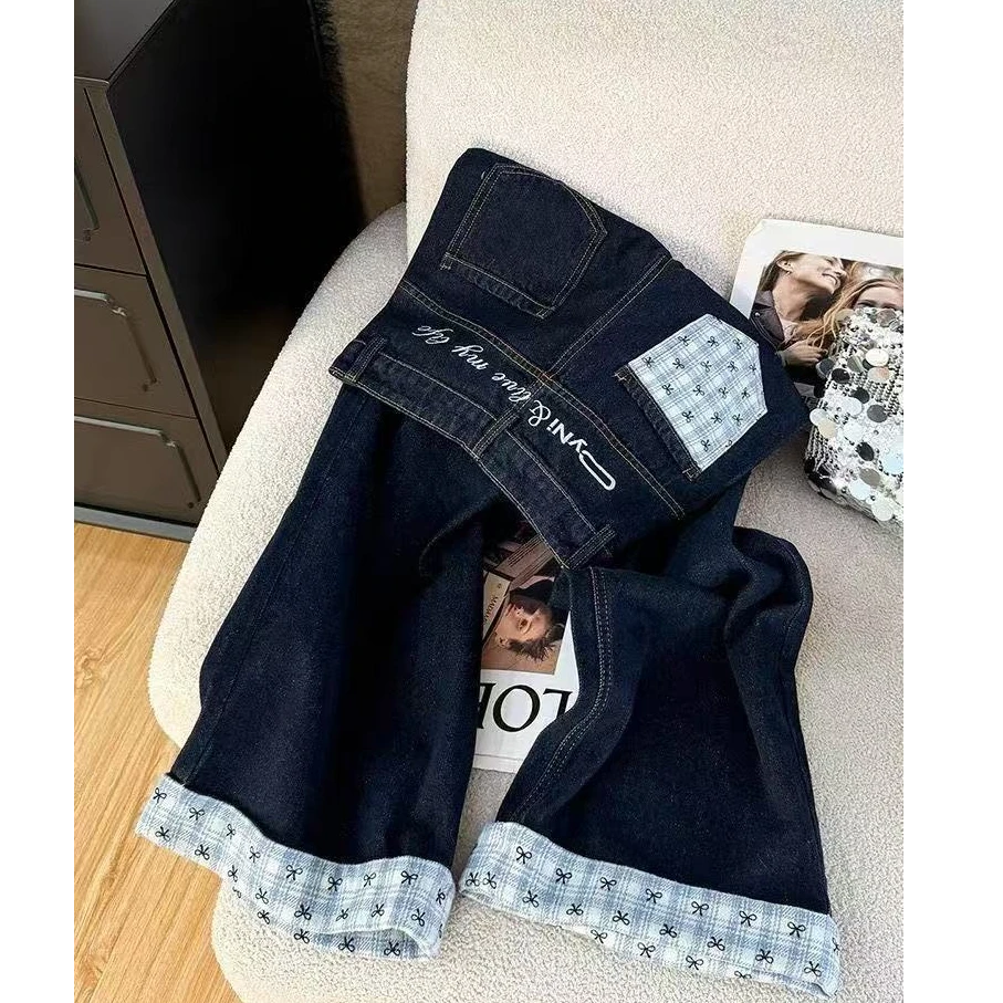 小个子新款高腰宽松直筒拖地长裤美式蝴蝶结格子拼接阔腿牛仔裤女