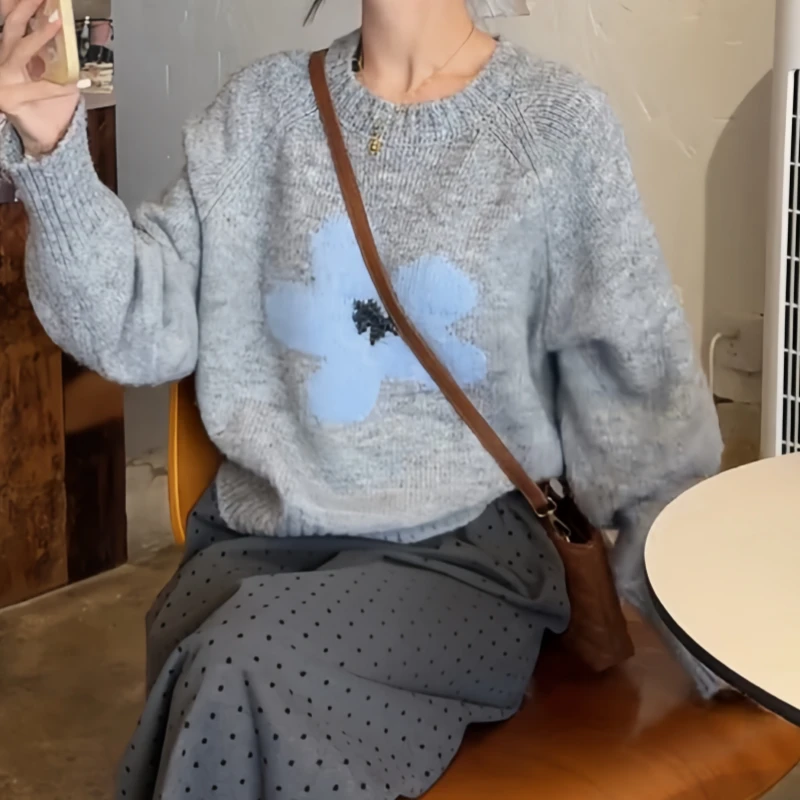 秋季新款韩版韩系宽松显瘦圆领拼色针织套头毛衣花朵时尚气质上衣