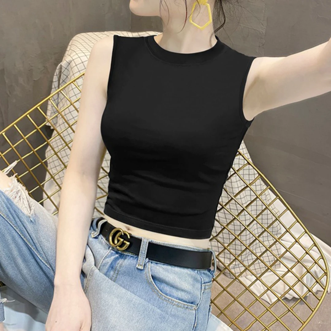 黑色小吊带背心女夏季新款网红小高领露脐无袖外穿打底纯欲上衣潮