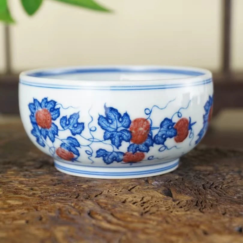 臻玉古坊青花原矿釉里红南瓜禅定杯精工纯手工柴窑景德镇100cc