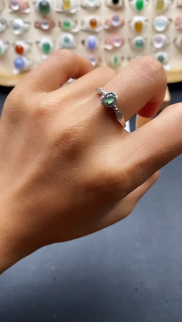 银S925镶嵌戒指翡翠缅甸天然A货翡翠1 2-2