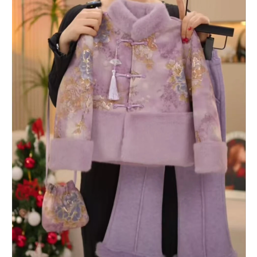 【紫色01】冬季女童中国风加绒套装2024新款宝宝加厚长裤儿童新中式