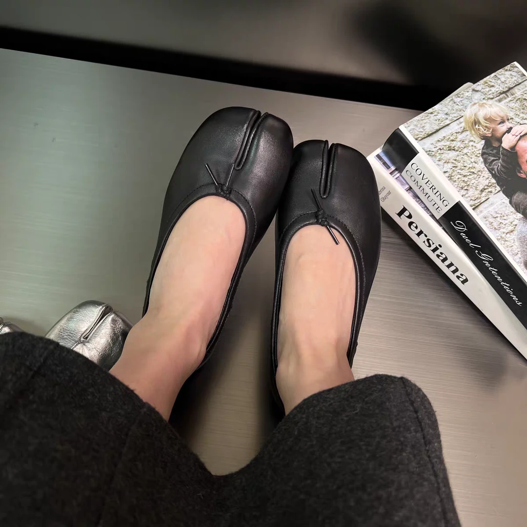 2025新款羊皮分趾玛丽珍鞋女马蹄平底圆头软底舒适浅口小单鞋