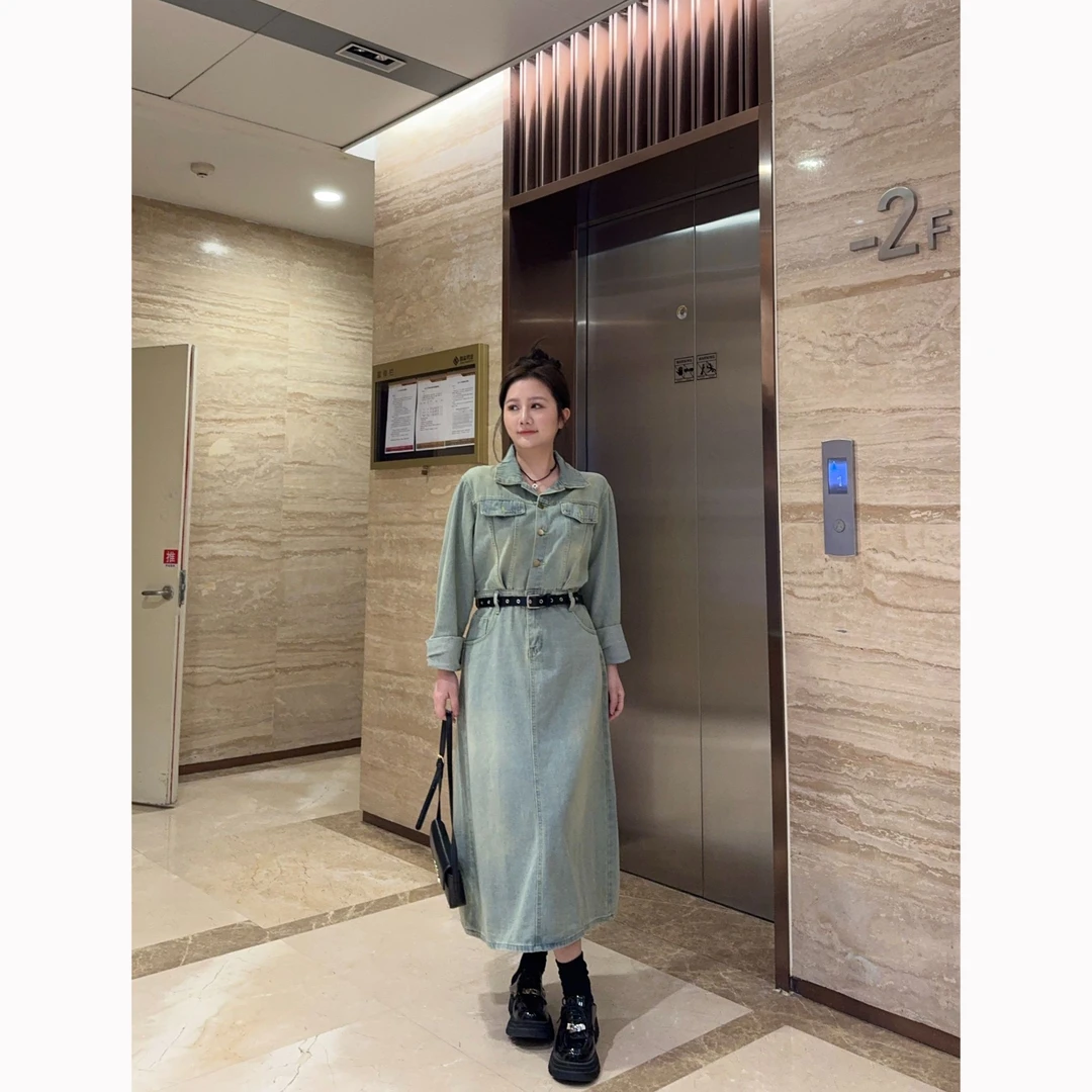 大萌萌 复古水洗收腰中长牛仔连衣裙春季微胖显瘦通勤P225X01798