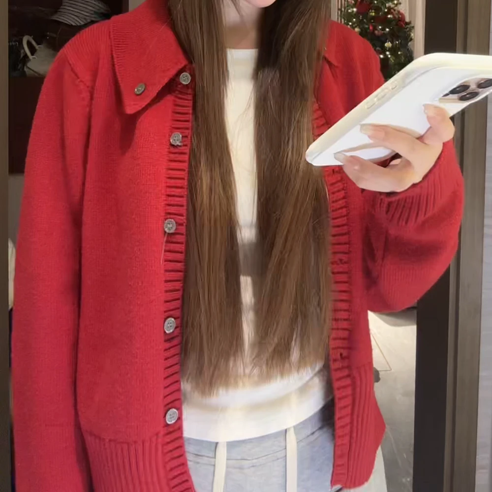 秋冬高级感软糯针织衫翻领开衫毛衣外套女新年红色上衣慵懒风外穿