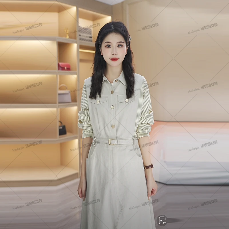 nuobeiyin/诺贝因秋季新款高腰显瘦条纹拼接显瘦连衣裙NMVSS95027