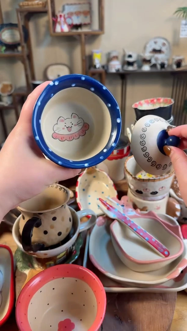 【闪购商品】蓝色猫咪盖碗高温瓷器