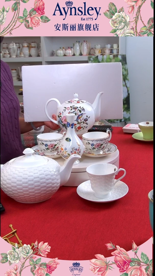 36%以上骨粉骨瓷i***叔雀鸟一壶两杯碟编织一壶两杯碟小屋插花瓶