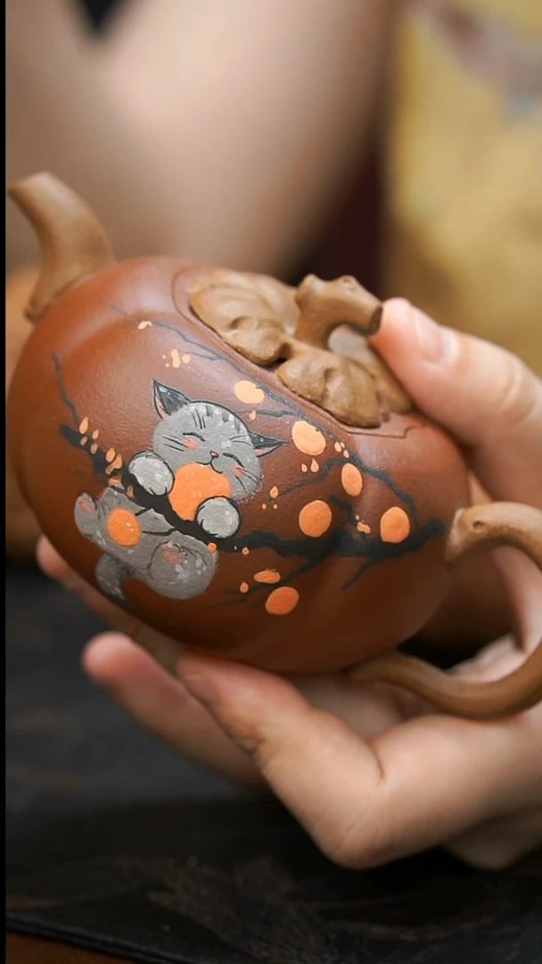 茶壶紫砂柿子猫咪壶150cc