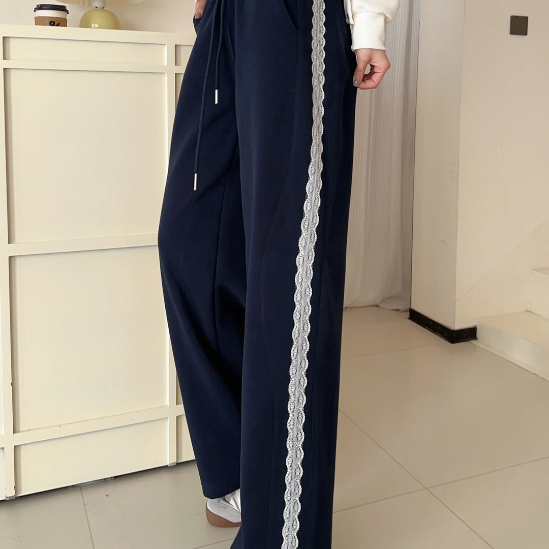 HF【甜美蕾丝】2025春季新款侧花边阔腿裤