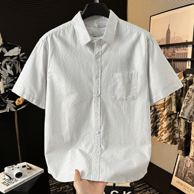 条纹衬衫男短袖潮牌短袖衬衫男夏季纯棉细条纹宽松文艺休闲衬衣潮