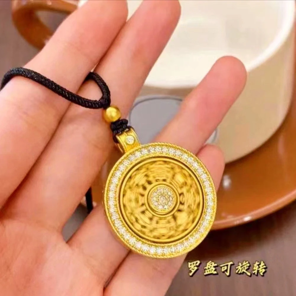 钛钢发 绳可转动八宝罗盘女铜镀金圆盘镂空挂坠毛衣链旋转古法
