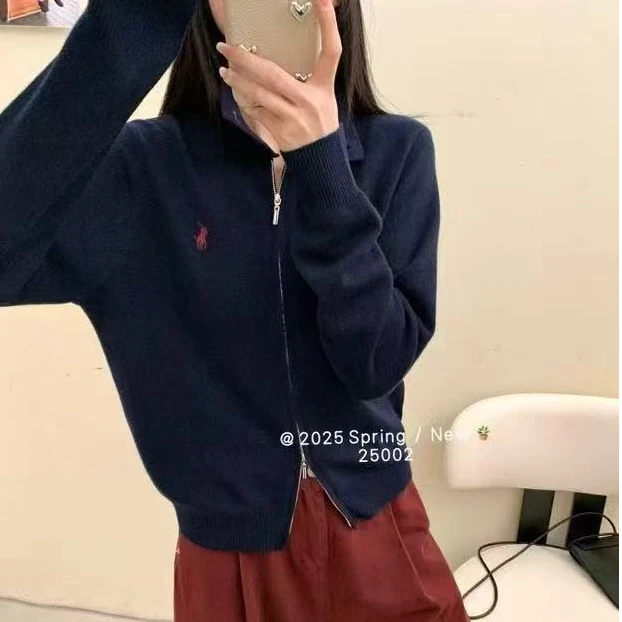 新款高领小马刺绣羊毛开衫双拉链软糯亲肤外套