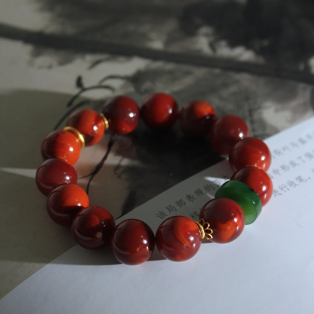 【岚溪珠宝】——原矿南红，牛血、锦红双色，东方韵味，腕间风华，（14＋）