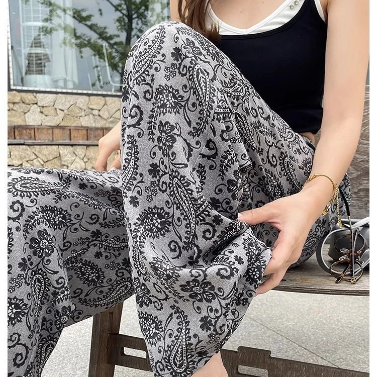 高腰宽松阔腿裤女夏季重工印花气质休闲长款秋季裤