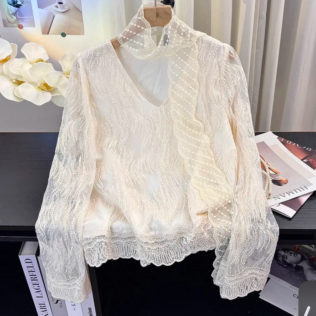 飘带刺镂空蕾丝绣上衣2025新款春季V领气质设计感法式时尚外穿