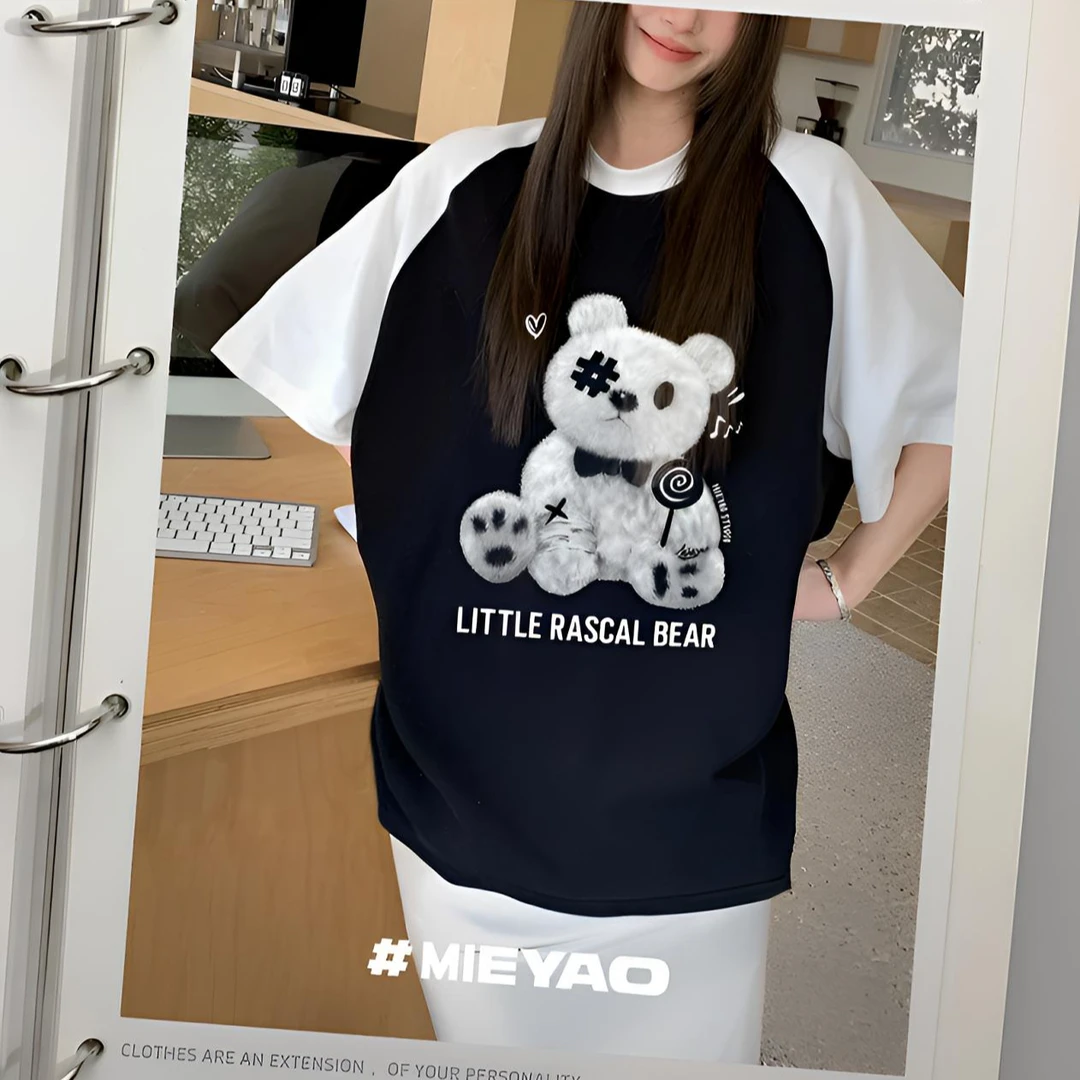 【SRT2】MIEYAO设计师品牌夏桑蚕丝阔版印花Ｔ恤时尚百搭短袖宽松