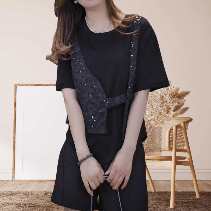 夏季新款时尚不规则拼接假两件短袖T恤女高级设计感百搭显瘦上衣