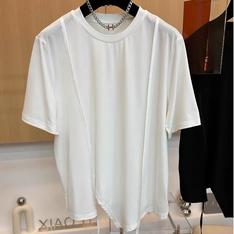 119#短袖T恤女2025夏新款欧货设计拼接条不规则宽松百搭显瘦上衣