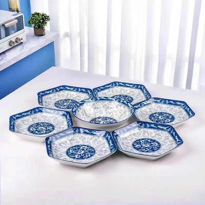 青花瓷六角盘6个+1个8英寸汤碗