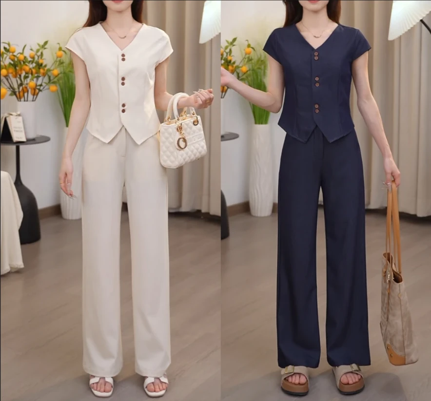 时尚气质休闲两件套装女夏季薄款短袖马甲背心上衣休闲阔腿直筒裤
