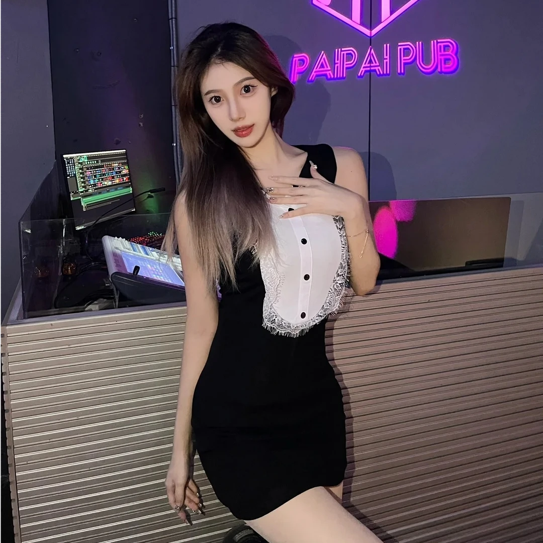 「珀斯摩精选」性感撞色蕾丝花边连衣短裙纯欲包臀裙Cos猫女郎套装