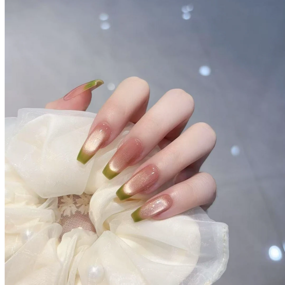 【抹茶】春夏法式芭乐渐变猫眼玻璃珠手工穿戴甲清新显白百搭空间